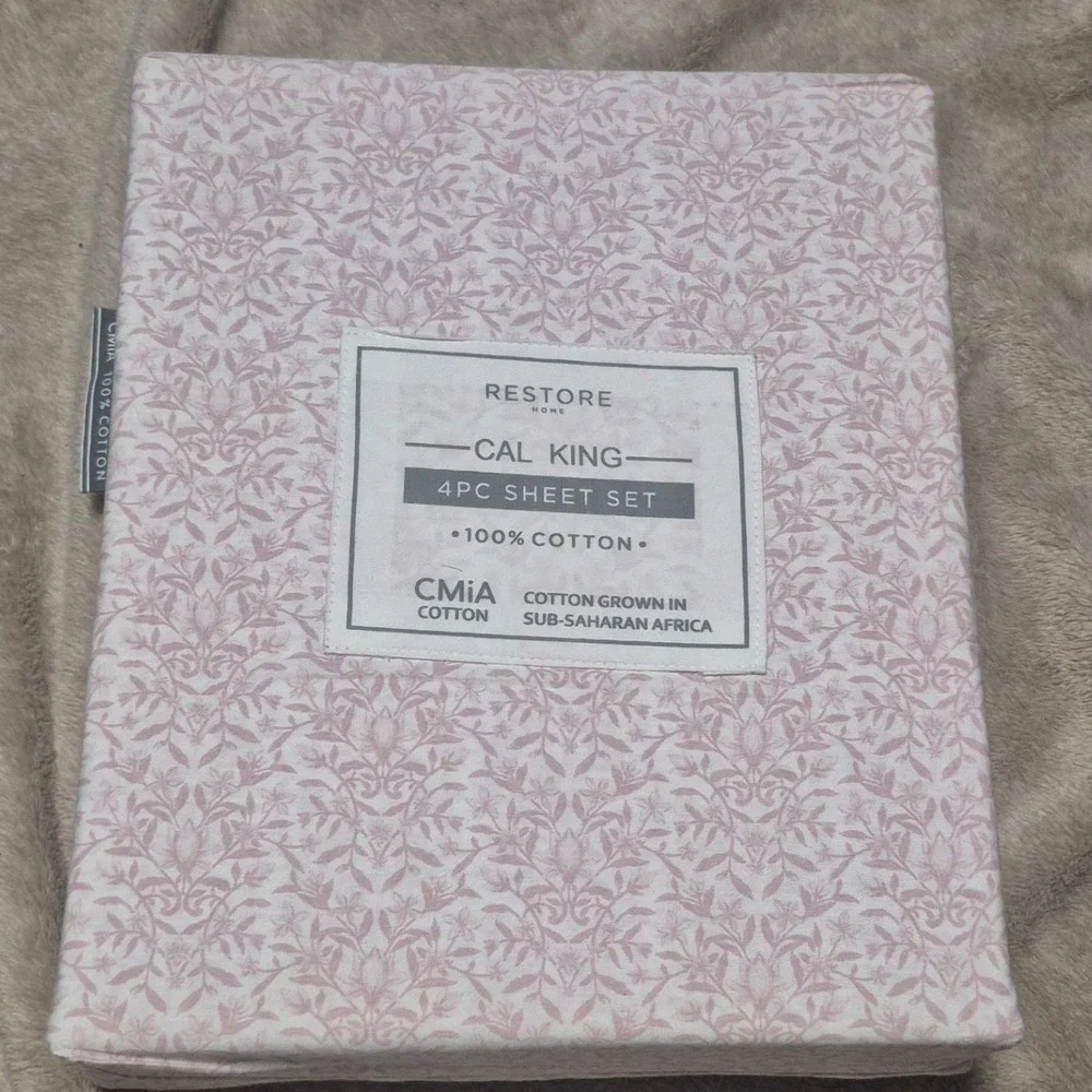 Restore Home Cal King 4PC Sheet Set 100% Cotton Pink White Floral Damask CMiA